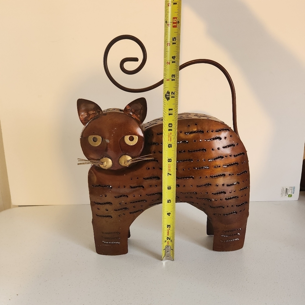 Vintage Folk art Fat Cat Cut Out Bronze Painted Metal Lantern Candle Holder Boho - Picture 6 of 6